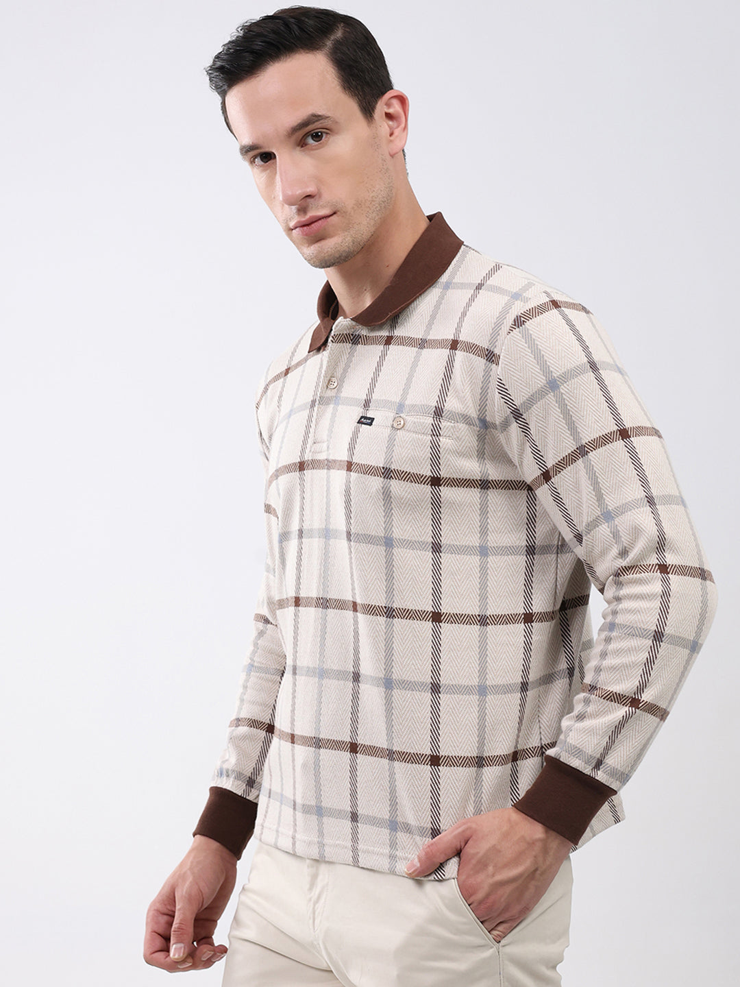 Men Brown Abstract Collar Full Sleeve Winter T-Shirt