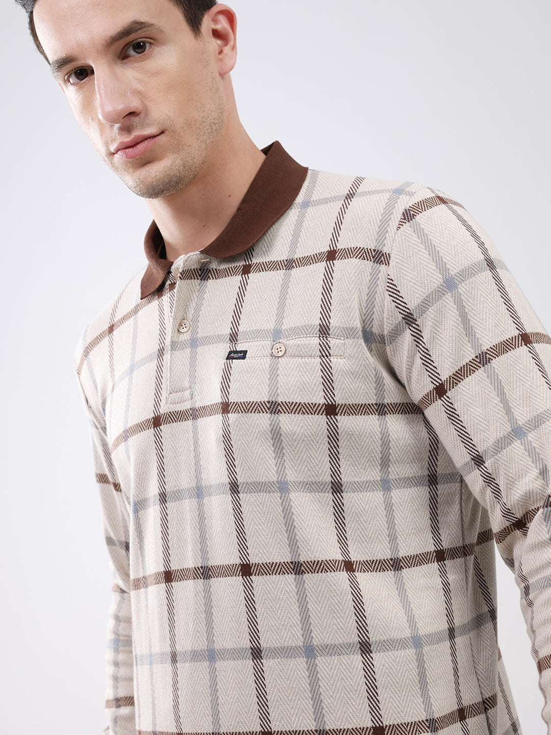 Men Brown Abstract Collar Full Sleeve Winter T-Shirt