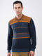 Men Navy Blue Stripe Collar Full Sleeve Winter T-Shirt
