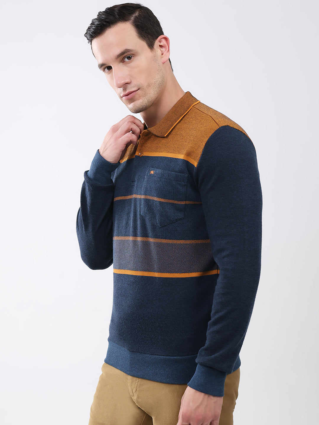 Men Navy Blue Stripe Collar Full Sleeve Winter T-Shirt