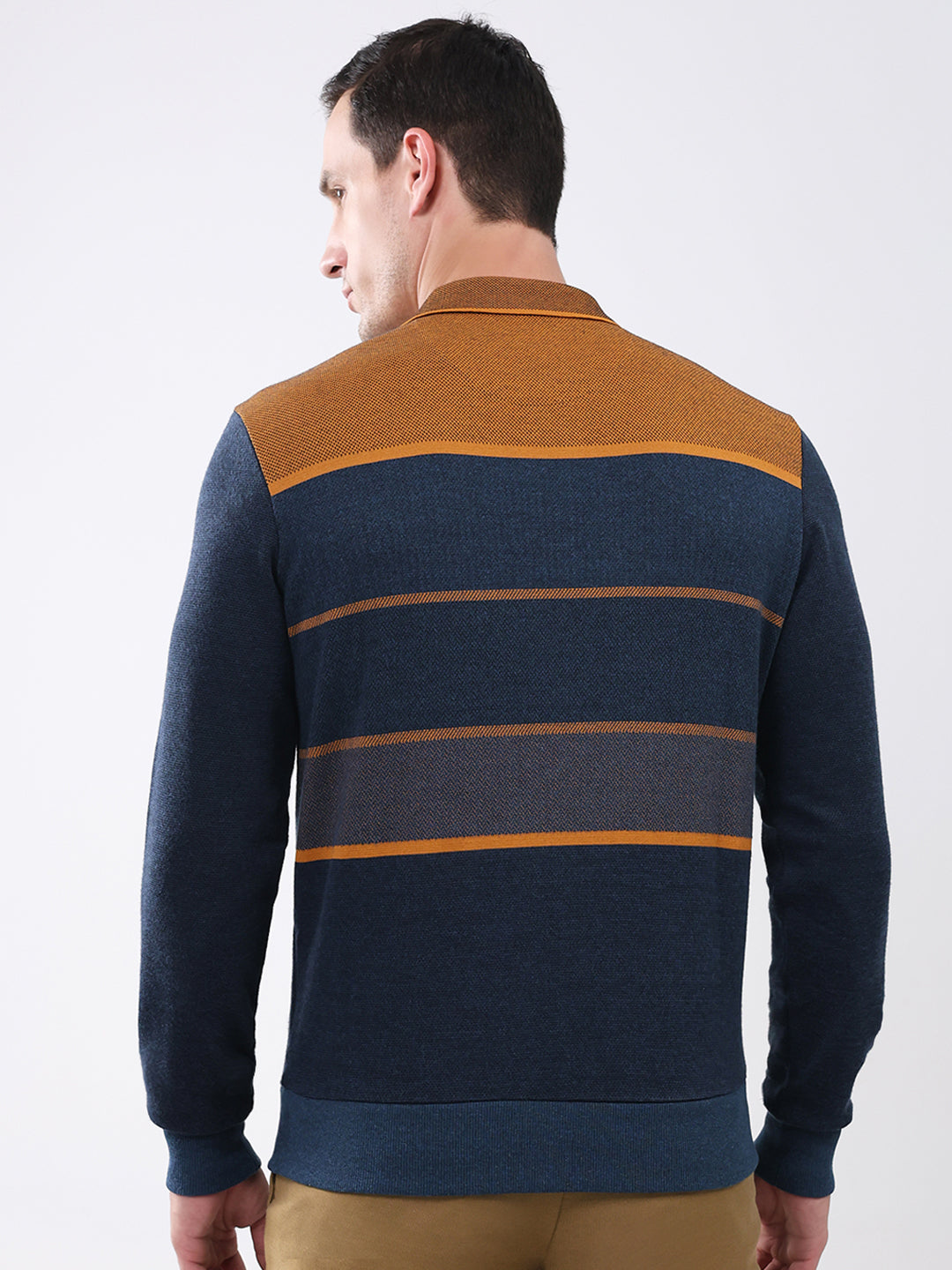 Men Navy Blue Stripe Collar Full Sleeve Winter T-Shirt