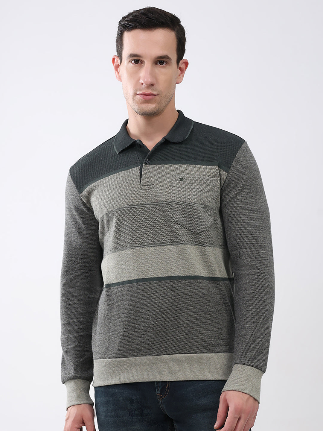 Men Olive Stripe Collar Full Sleeve Winter T-Shirt