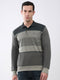 Men Olive Stripe Collar Full Sleeve Winter T-Shirt