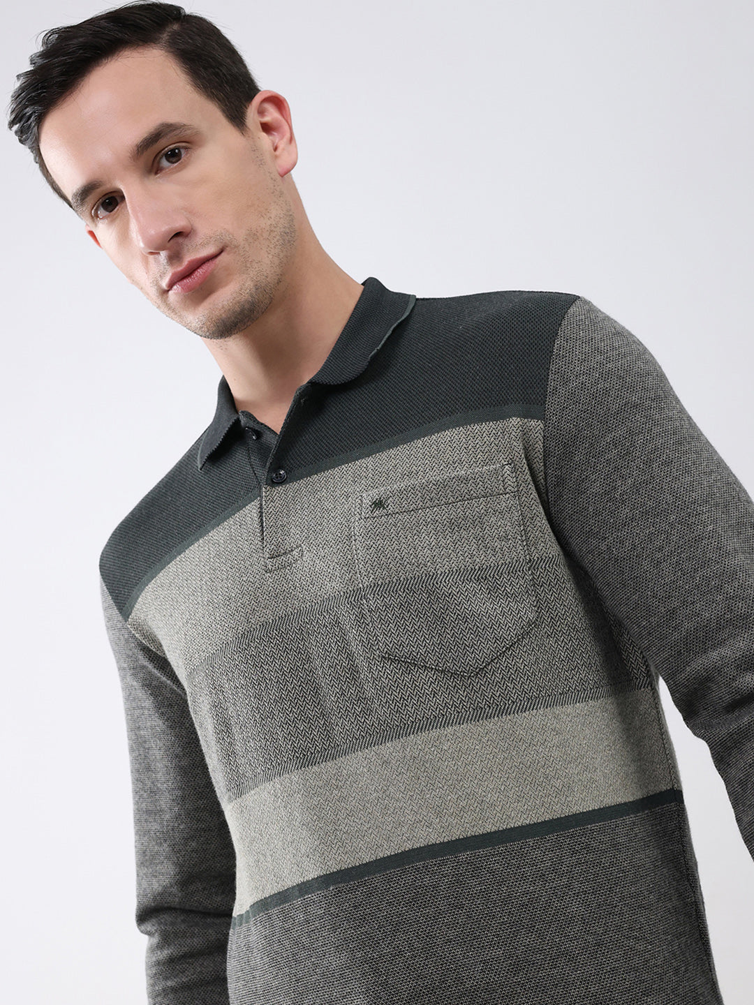 Men Olive Stripe Collar Full Sleeve Winter T-Shirt