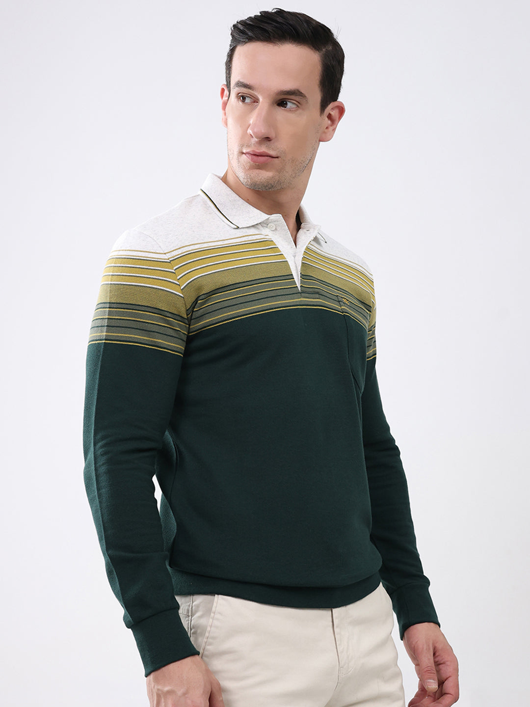 Men Green Stripe Collar Full Sleeve Winter T-Shirt