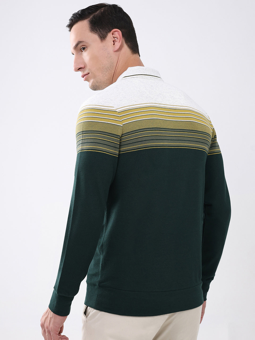 Men Green Stripe Collar Full Sleeve Winter T-Shirt
