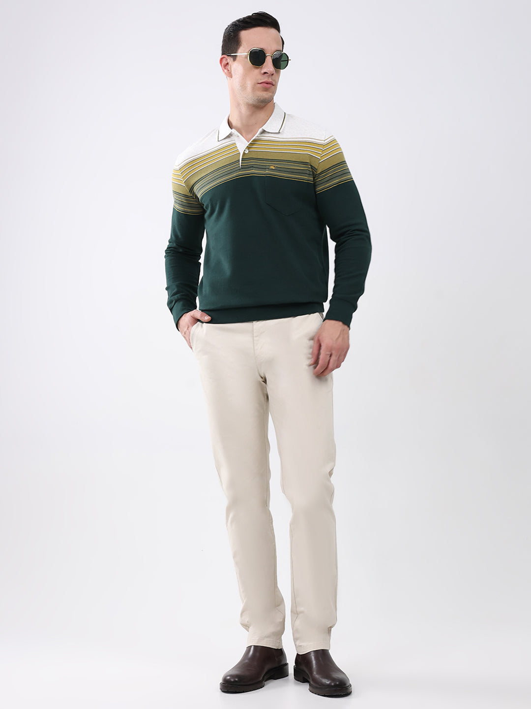 Men Green Stripe Collar Full Sleeve Winter T-Shirt