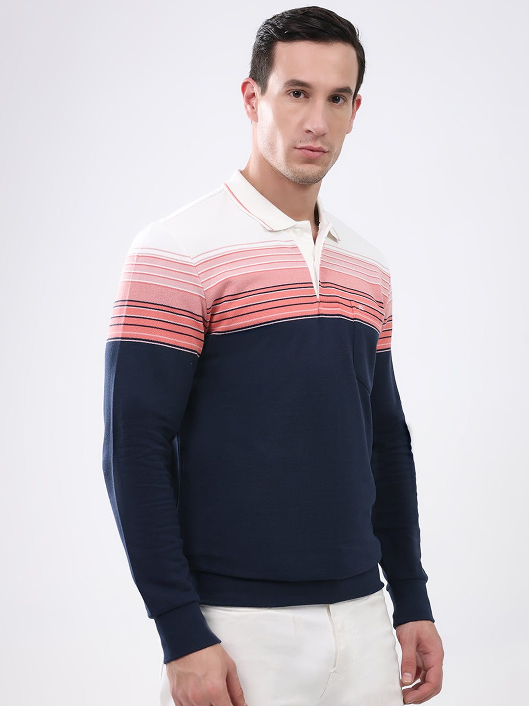 Men Pink & Navy Blue Stripe Collar Full Sleeve Winter T-Shirt