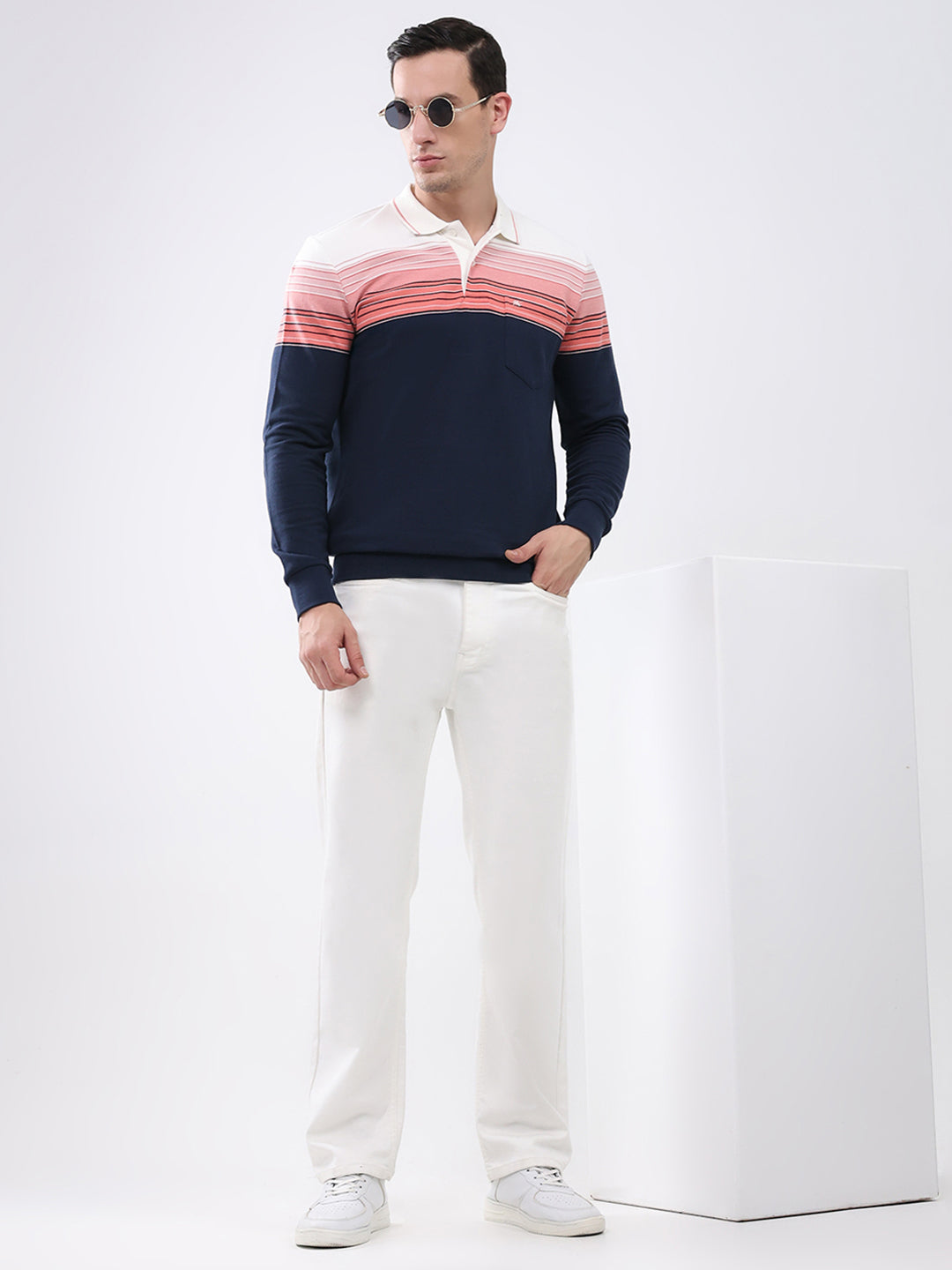 Men Pink & Navy Blue Stripe Collar Full Sleeve Winter T-Shirt