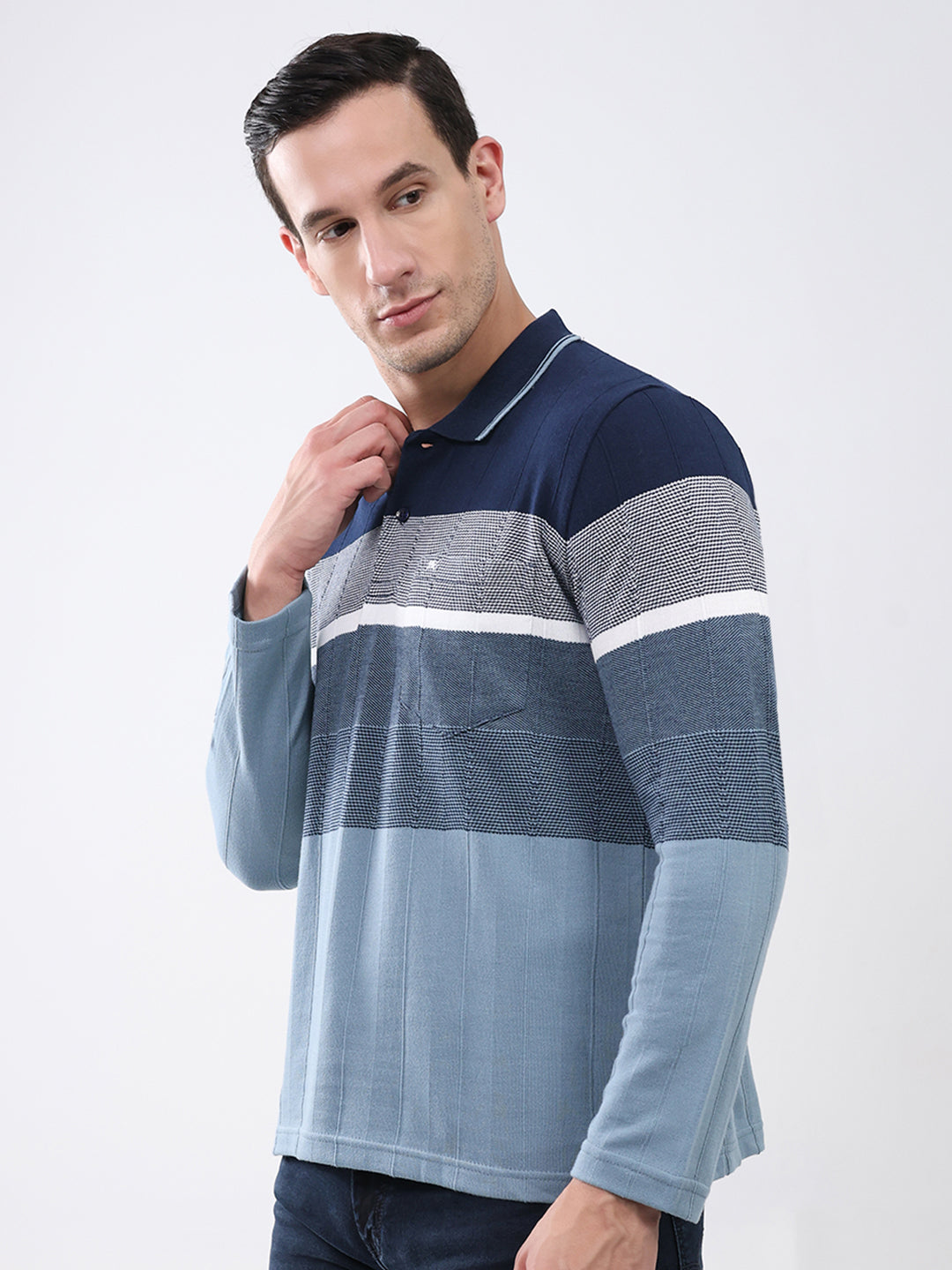 Men Navy Blue Stripe Collar Full Sleeve Winter T-Shirt