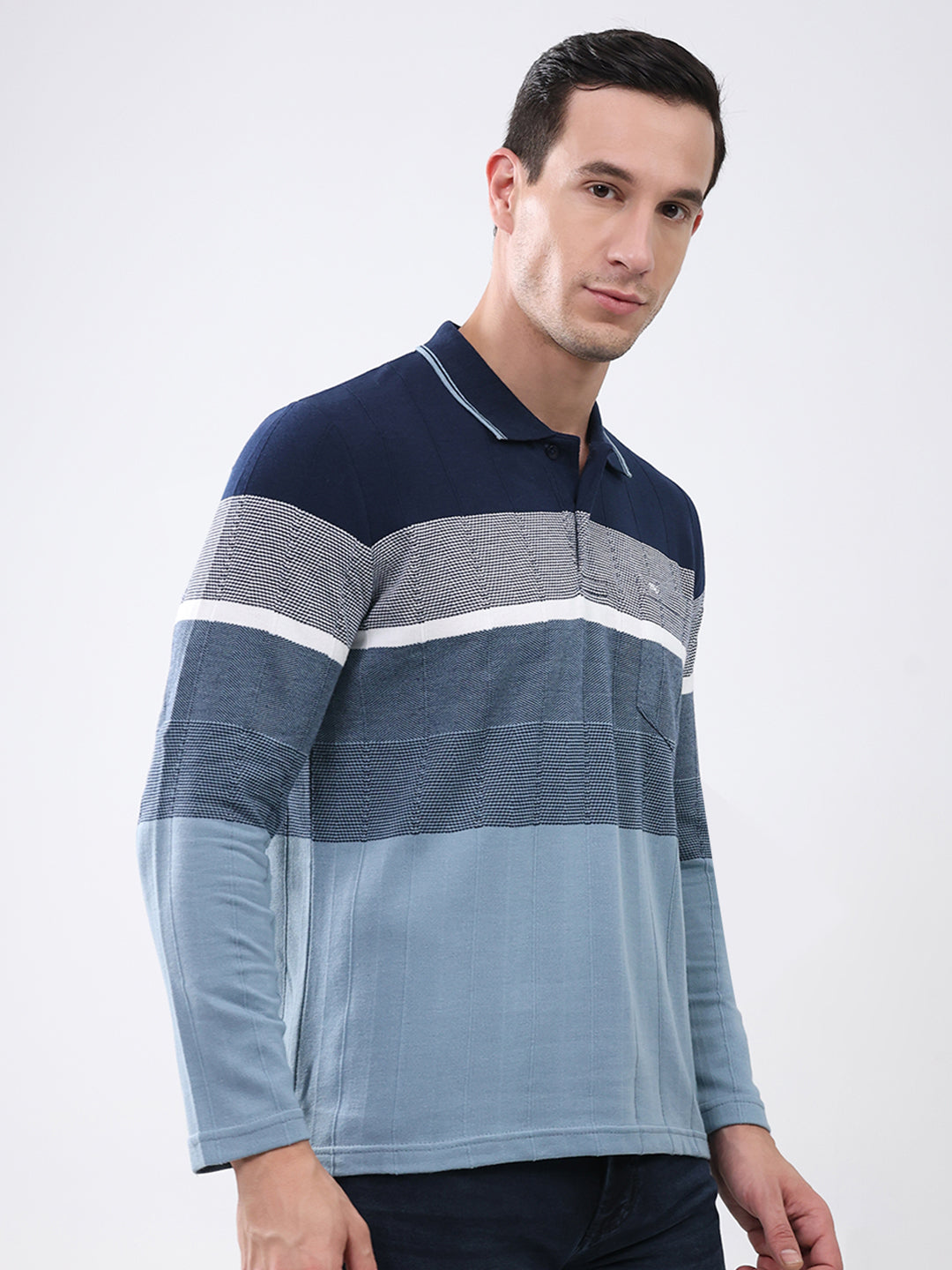 Men Navy Blue Stripe Collar Full Sleeve Winter T-Shirt