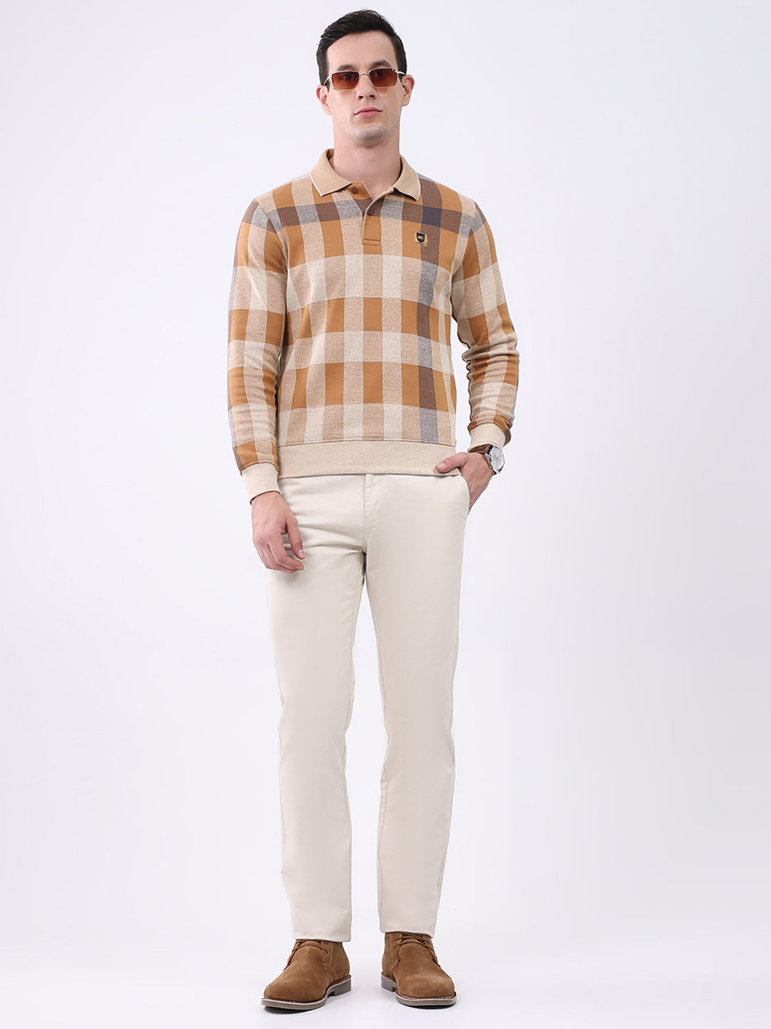 Men Beige Check Collar Full Sleeve Winter T-Shirt