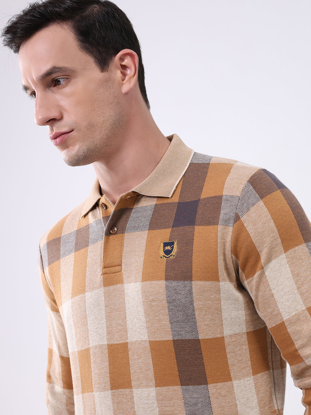 Men Beige Check Collar Full Sleeve Winter T-Shirt