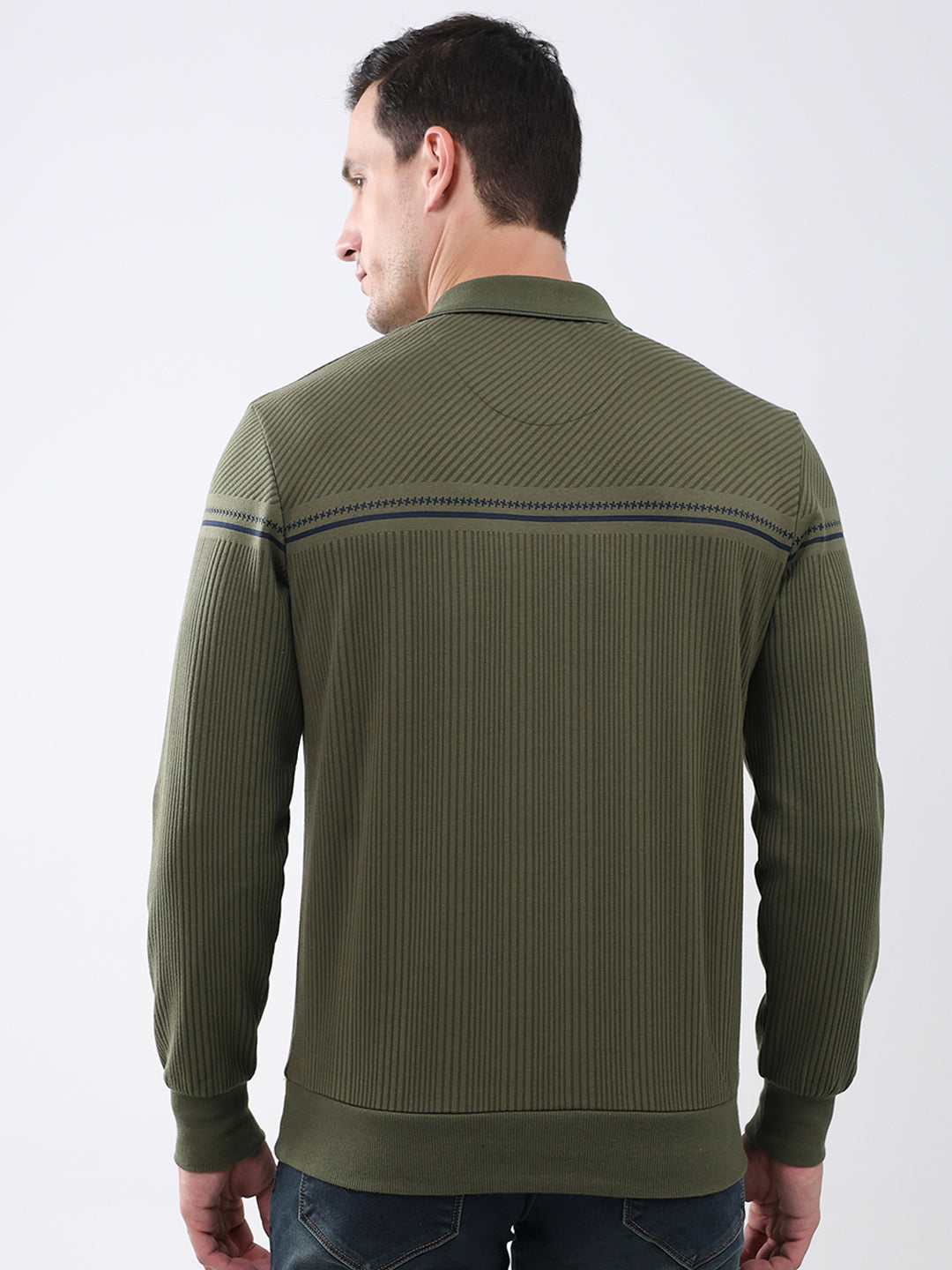 Men Olive Self Design Collar Full Sleeve Winter T-Shirt