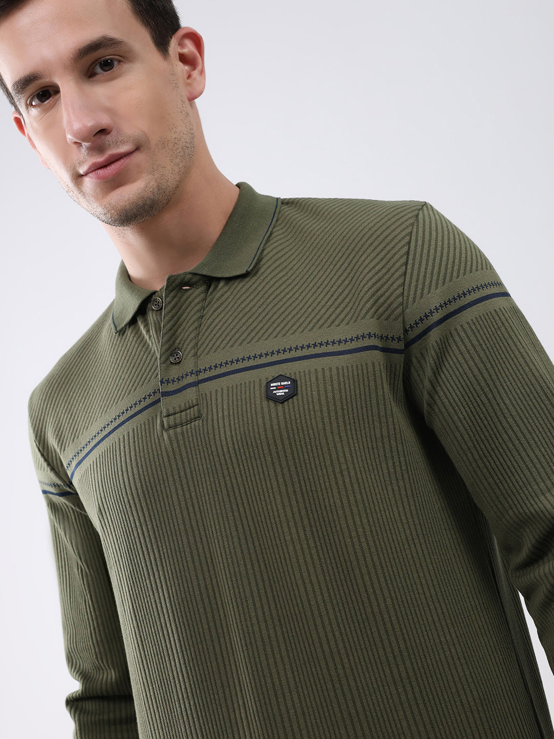 Men Olive Self Design Collar Full Sleeve Winter T-Shirt