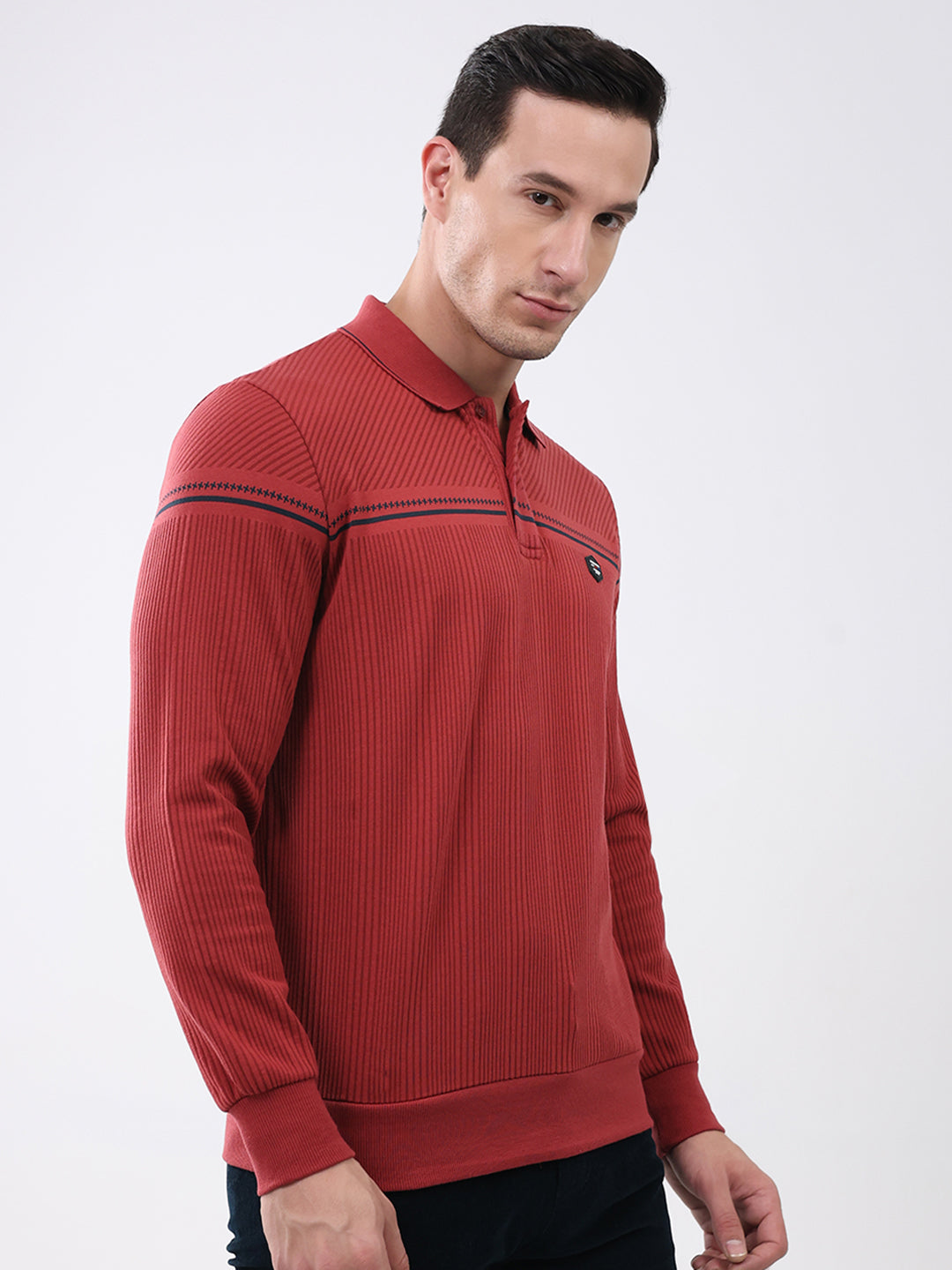 Men Red Self Design Collar Full Sleeve Winter T-Shirt