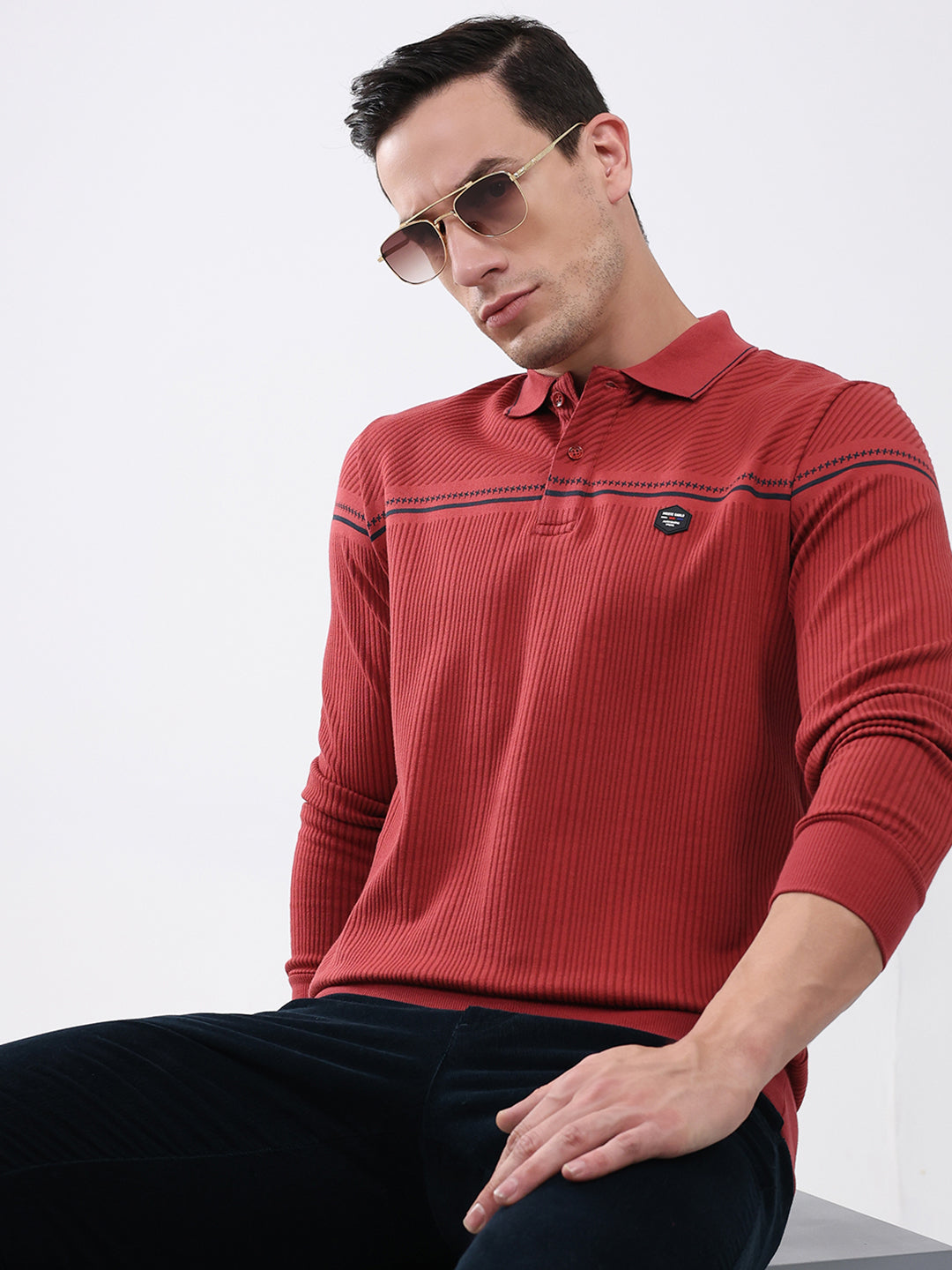 Men Red Self Design Collar Full Sleeve Winter T-Shirt