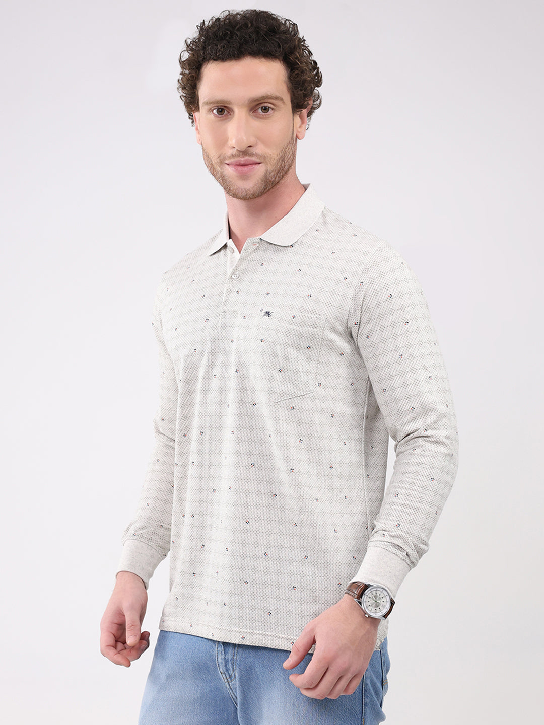 Men White Printed Collar Full Sleeve Winter T-Shirt