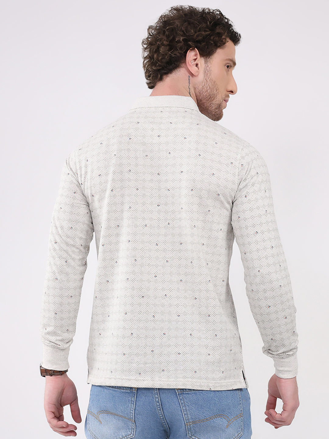 Men White Printed Collar Full Sleeve Winter T-Shirt