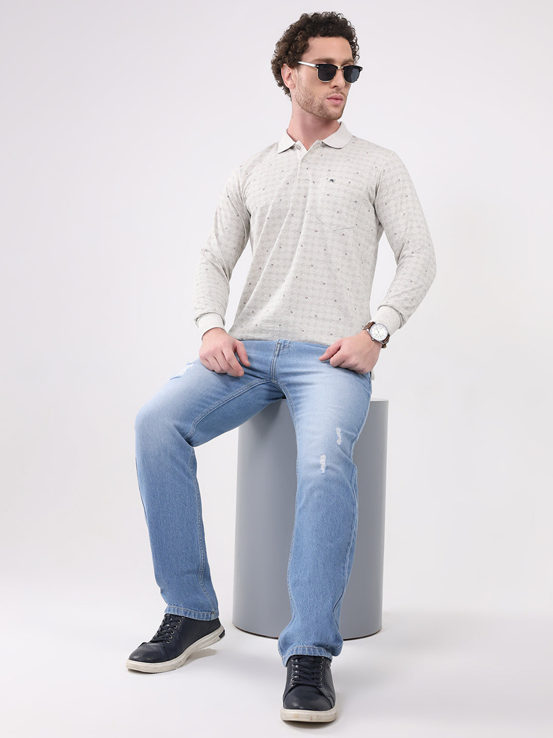 Men White Printed Collar Full Sleeve Winter T-Shirt