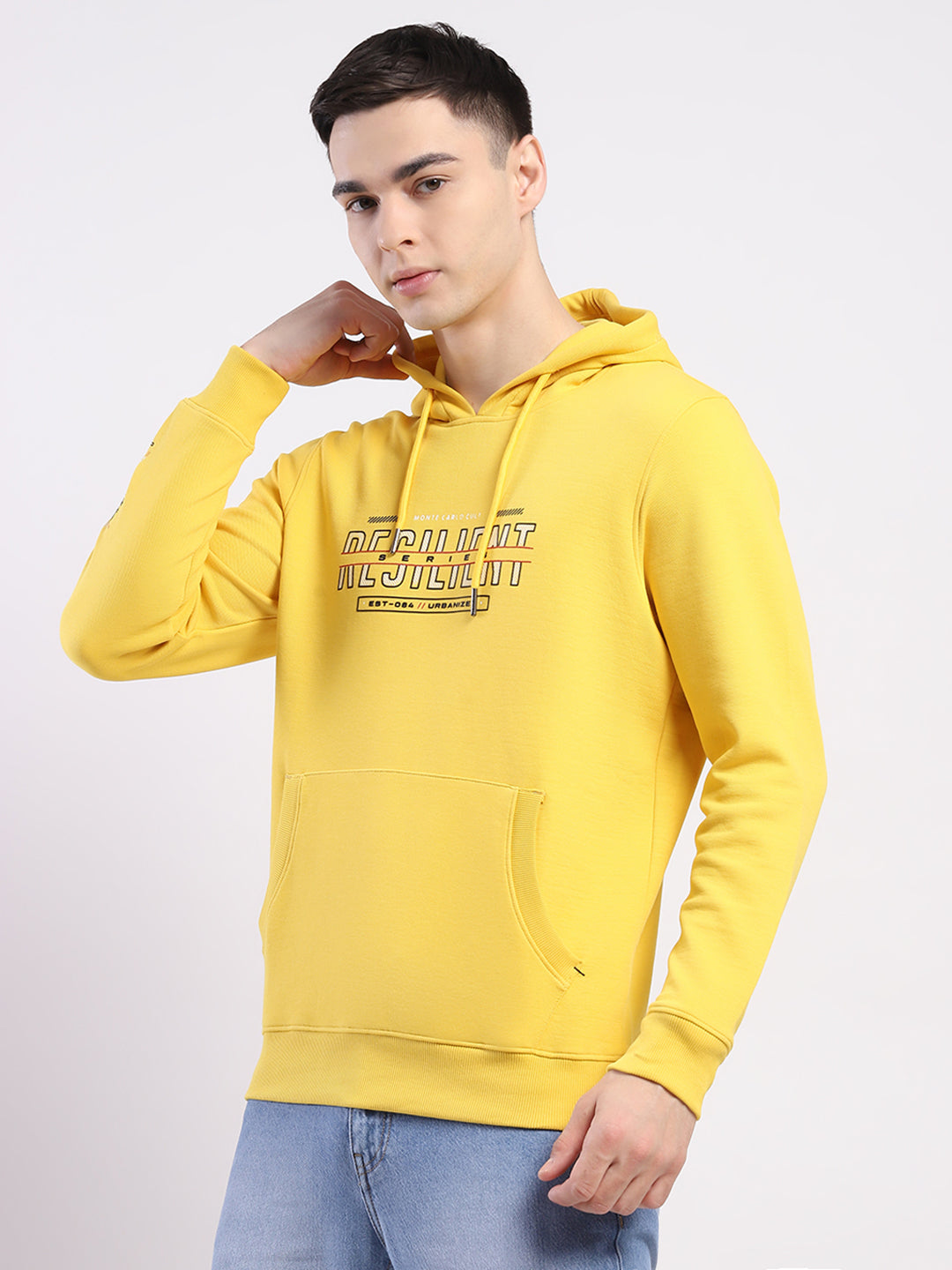 Men Yellow Printed Hooded Full Sleeve Winter T-Shirt