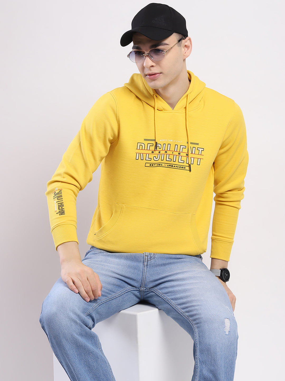 Men Yellow Printed Hooded Full Sleeve Winter T-Shirt