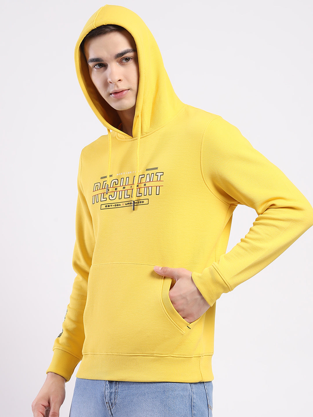 Men Yellow Printed Hooded Full Sleeve Winter T-Shirt