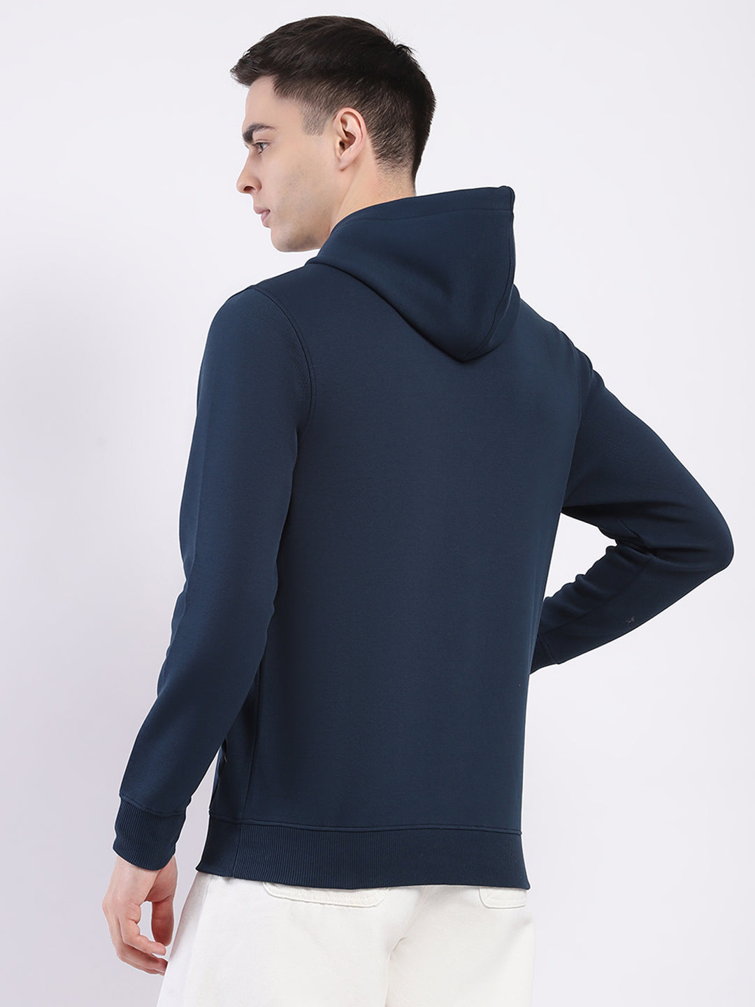 Men Teal Blue Printed Hooded Full Sleeve Winter T-Shirt