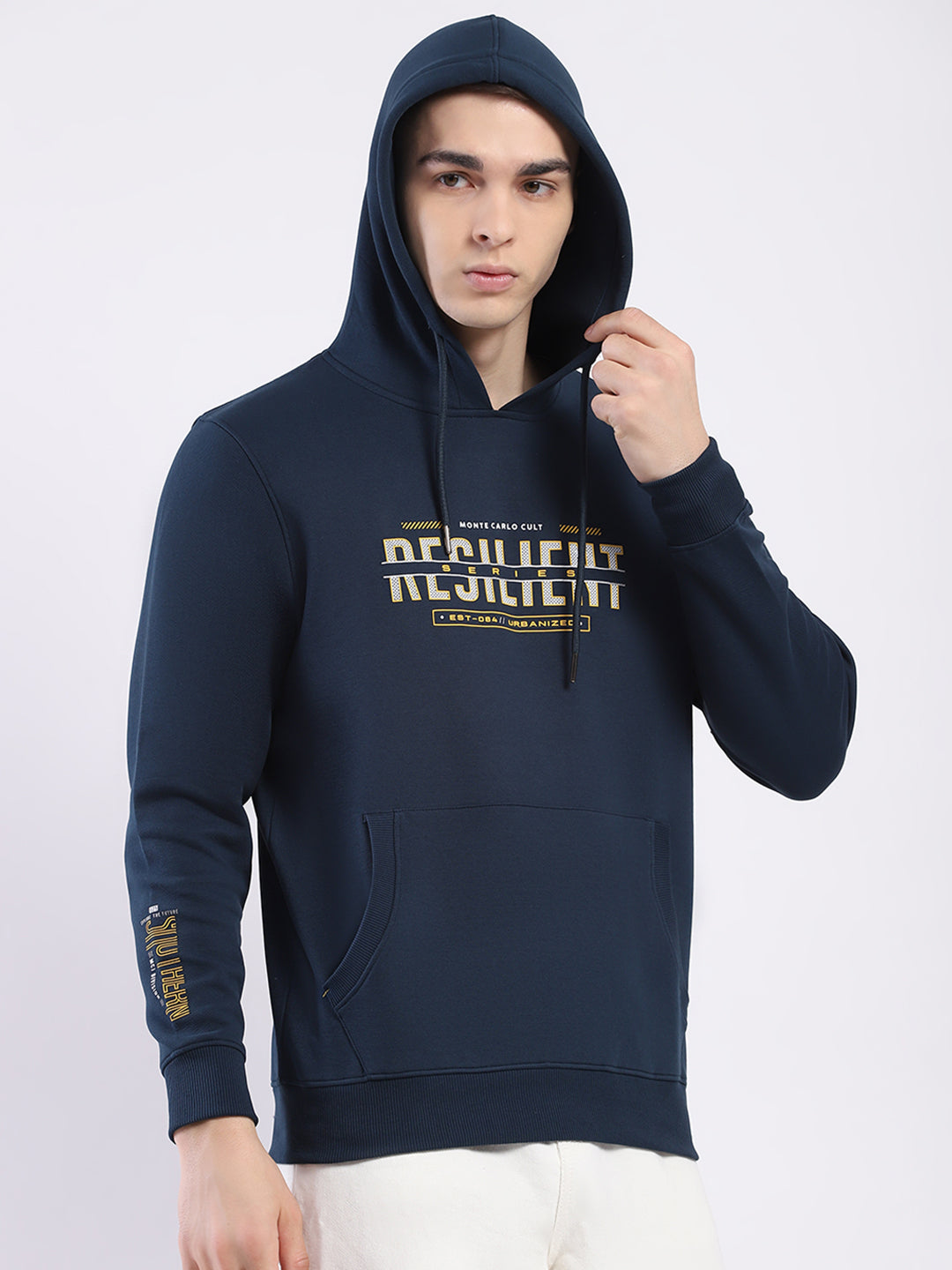 Men Teal Blue Printed Hooded Full Sleeve Winter T-Shirt