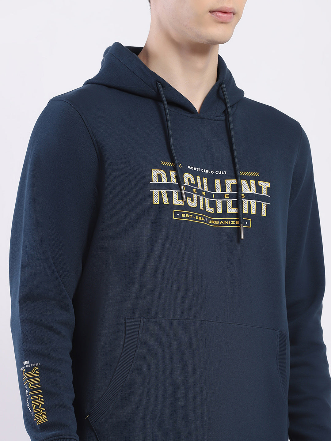 Men Teal Blue Printed Hooded Full Sleeve Winter T-Shirt