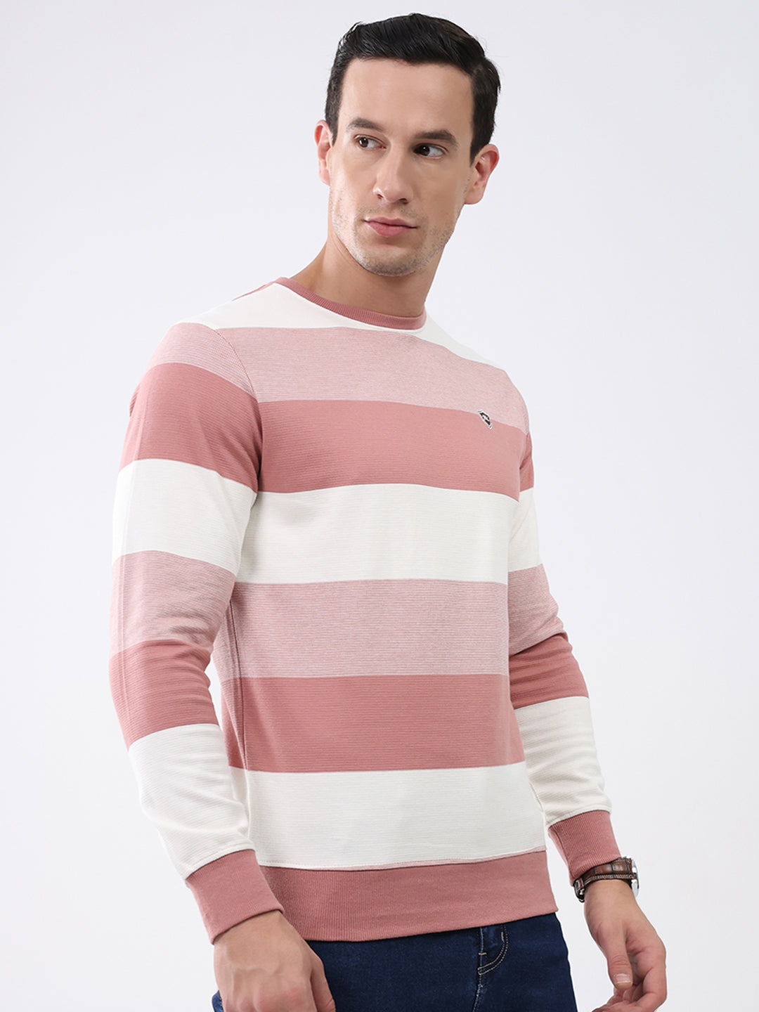 Men Peach Stripe Round Neck Full Sleeve Winter T-Shirt