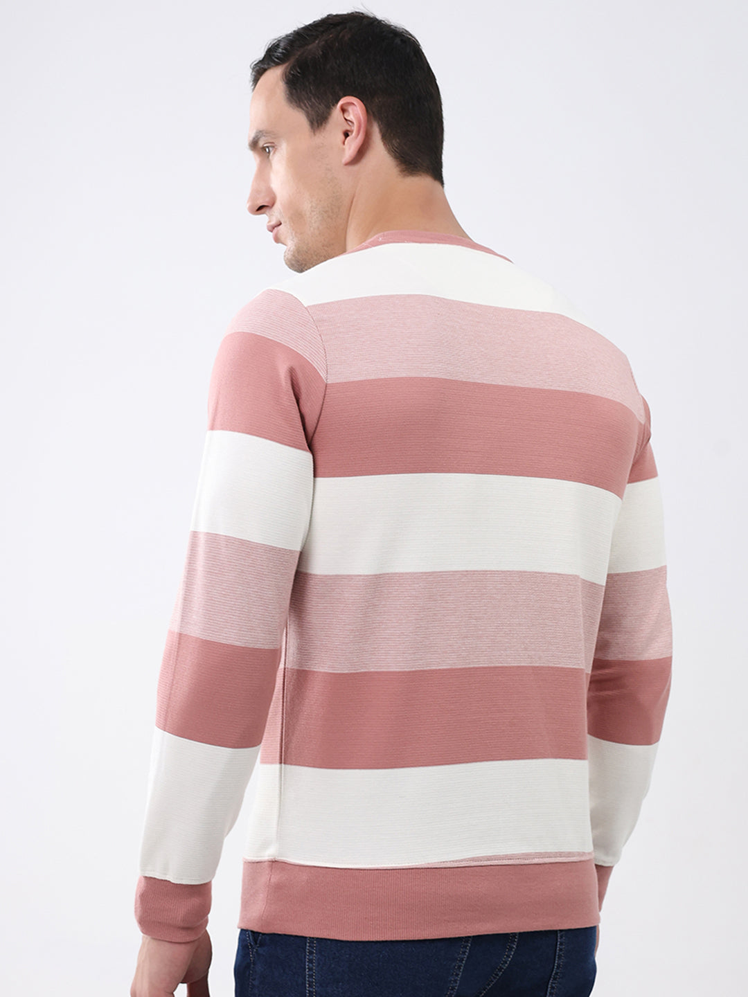 Men Peach Stripe Round Neck Full Sleeve Winter T-Shirt