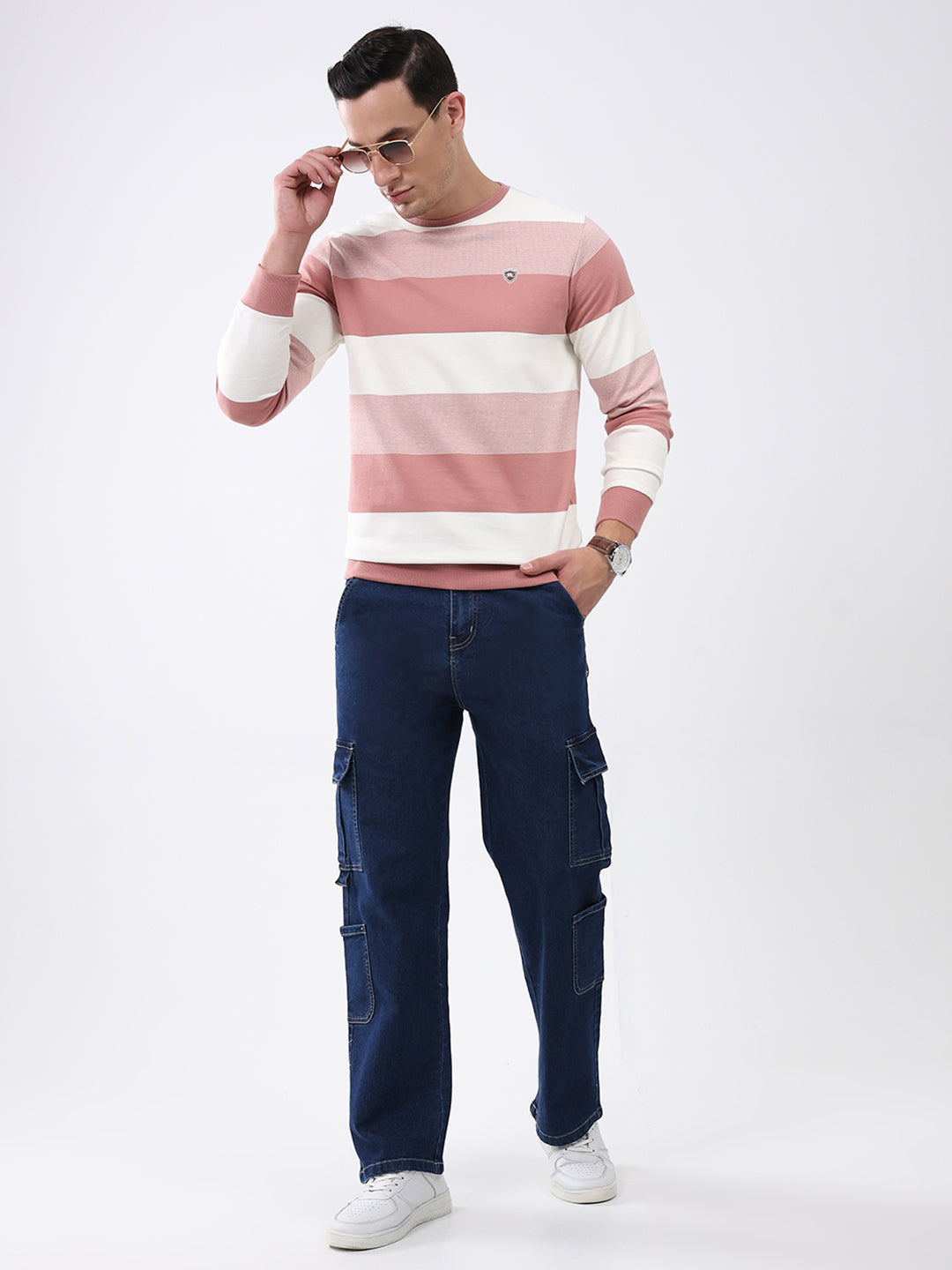 Men Peach Stripe Round Neck Full Sleeve Winter T-Shirt