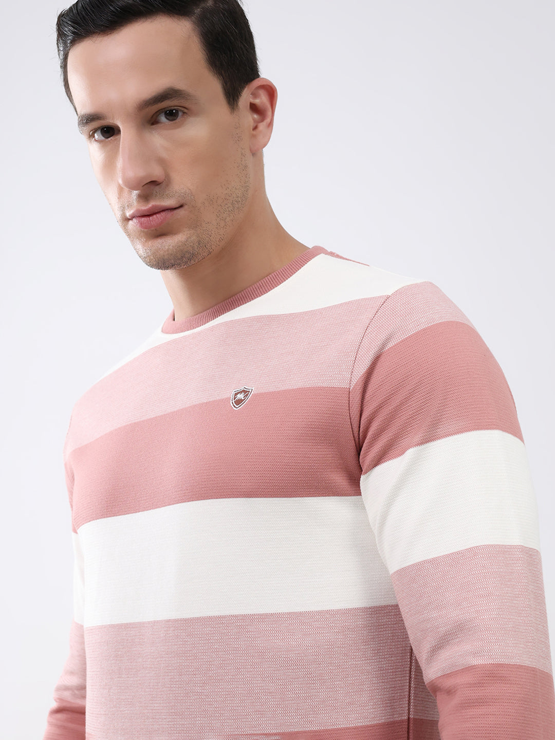 Men Peach Stripe Round Neck Full Sleeve Winter T-Shirt