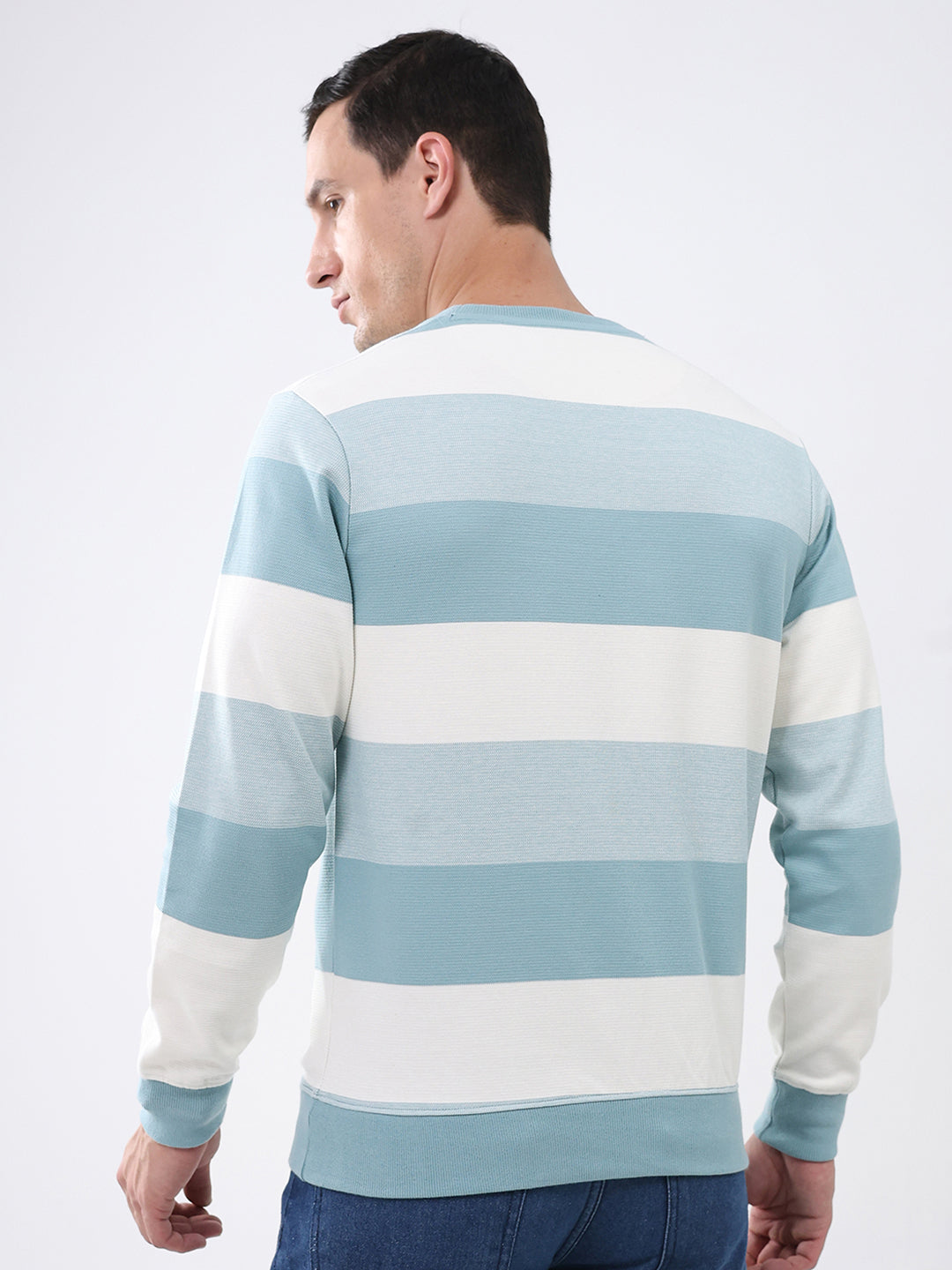Men Blue Stripe Round Neck Full Sleeve Winter T-Shirt