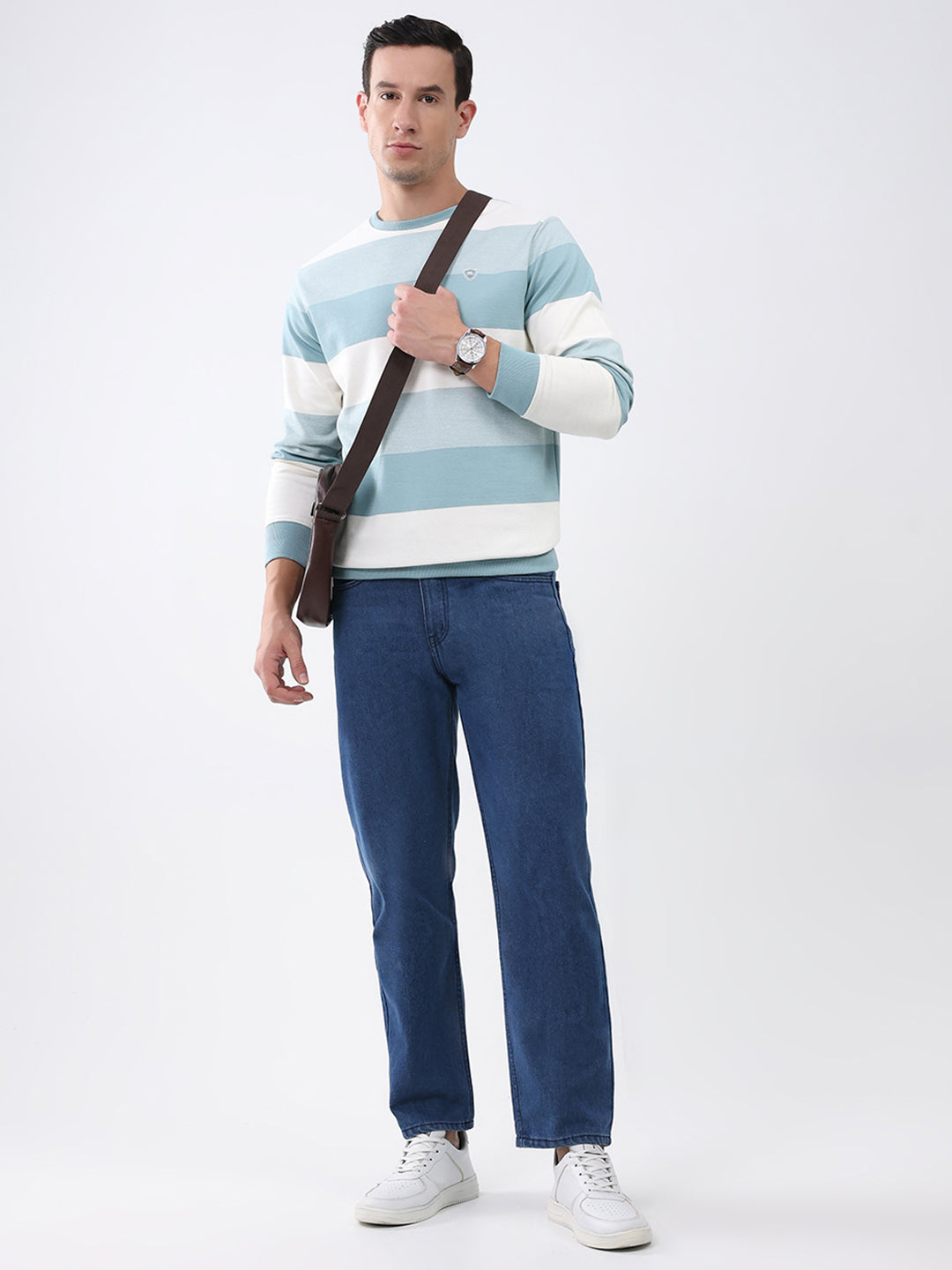 Men Blue Stripe Round Neck Full Sleeve Winter T-Shirt