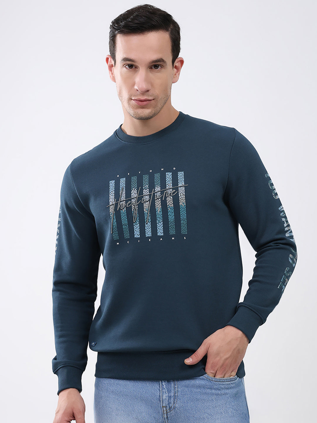 Men Blue Printed Round Neck Full Sleeve Winter T-Shirt