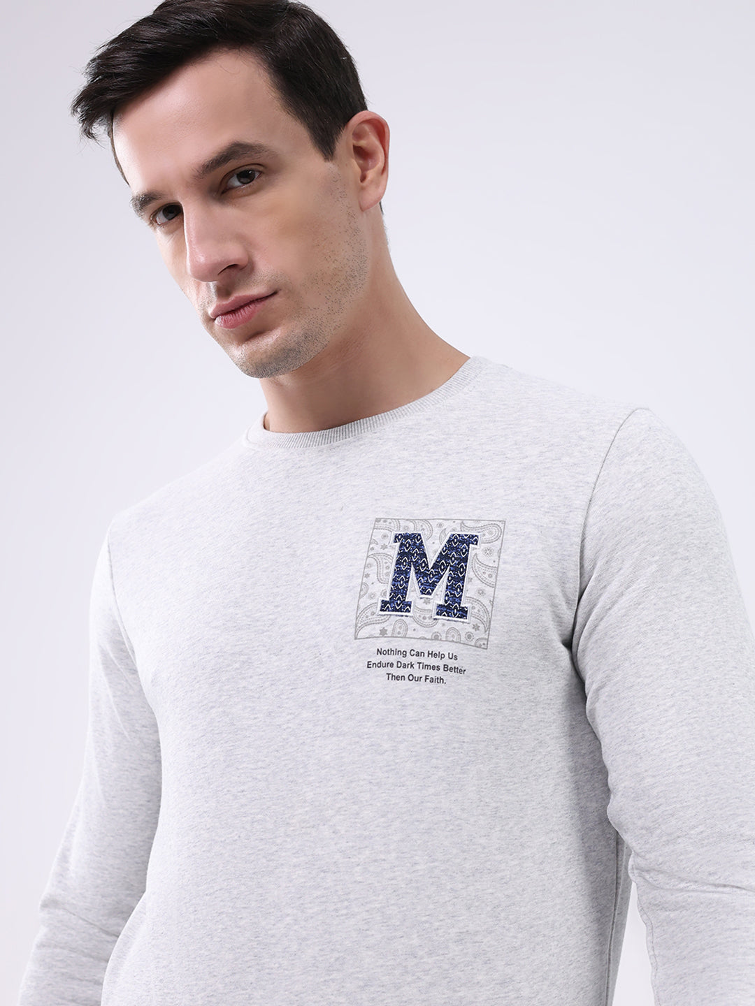 Men Grey Solid Round Neck Full Sleeve Winter T-Shirt