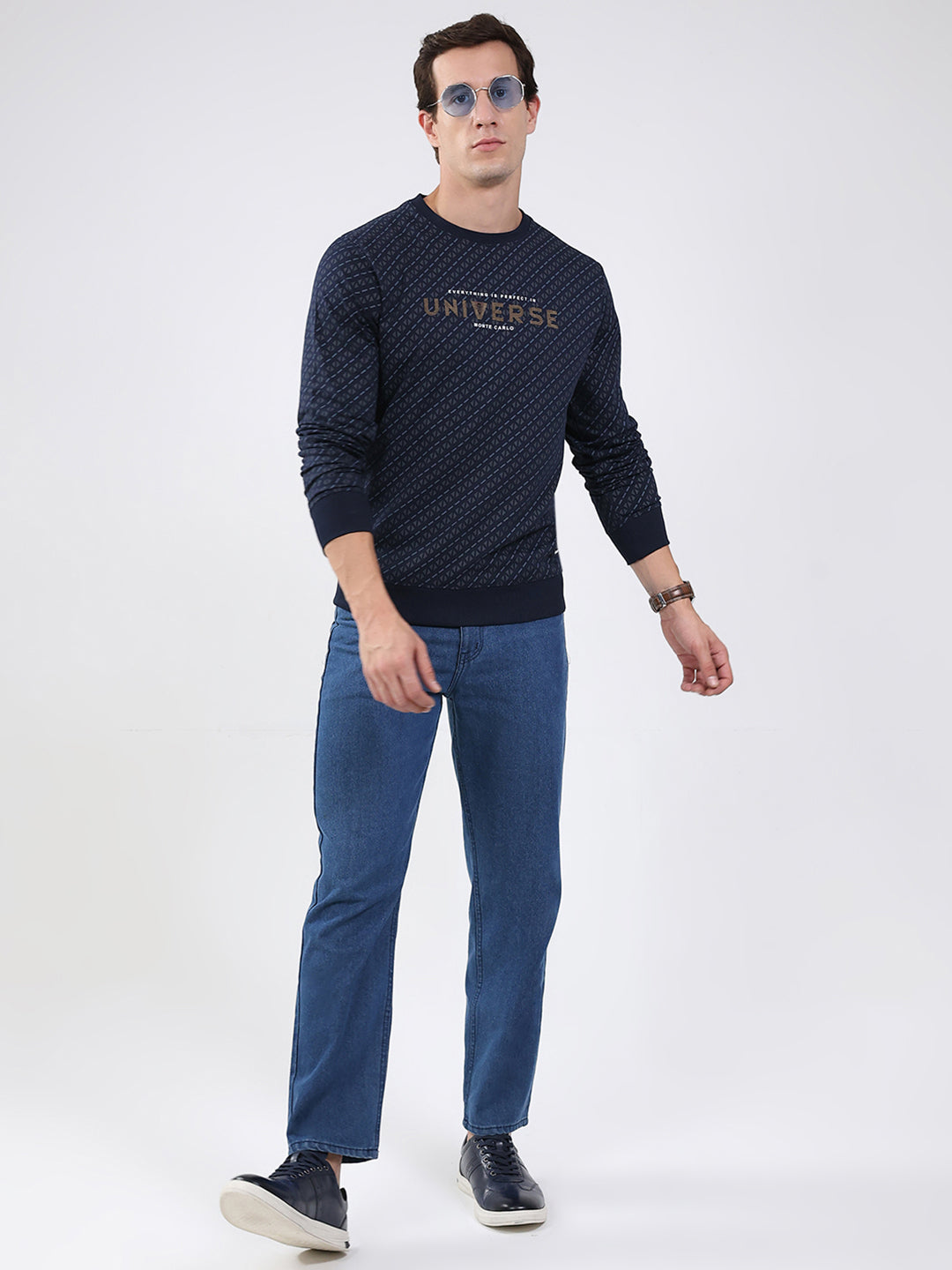 Men Navy Blue Printed Round Neck Full Sleeve Winter T-Shirt