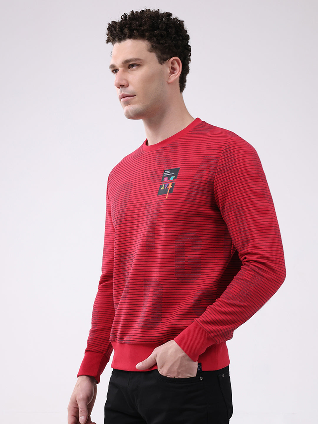 Men Red Printed Round Neck Full Sleeve Winter T-Shirt
