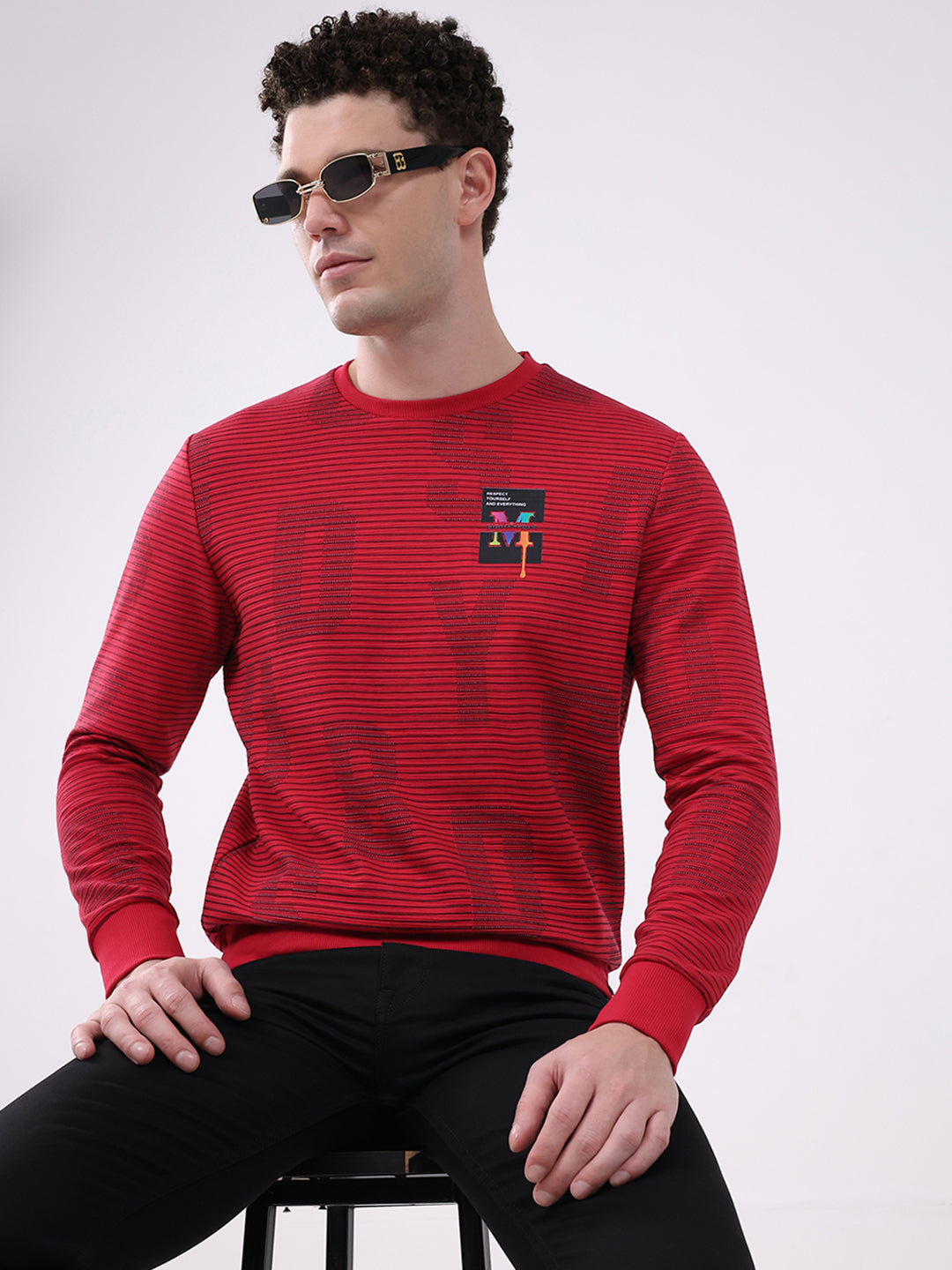 Men Red Printed Round Neck Full Sleeve Winter T-Shirt
