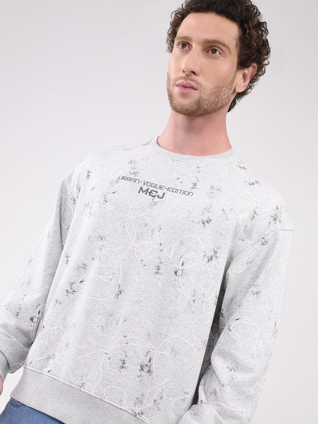 Men Grey Printed Round Neck Full Sleeve Winter T-Shirt