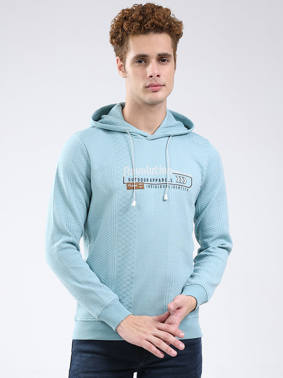 Men Blue Printed Hooded Full Sleeve Sweatshirt
