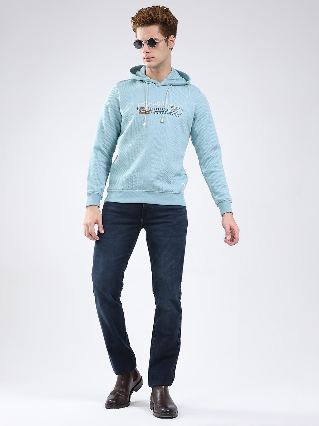 Men Blue Printed Hooded Full Sleeve Sweatshirt