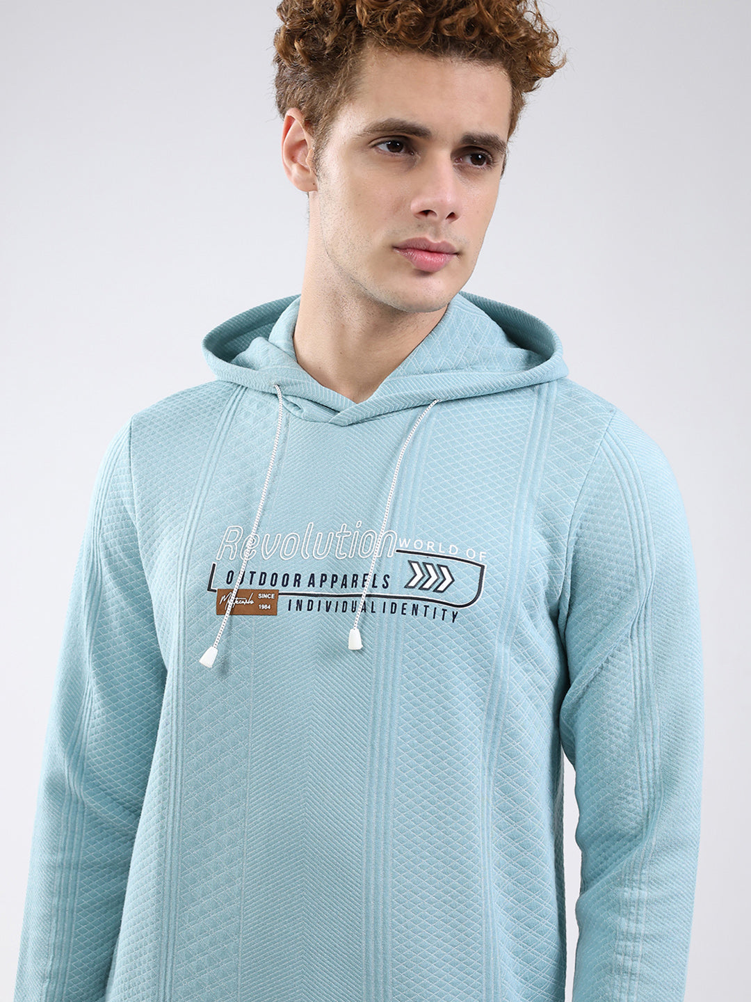 Men Blue Printed Hooded Full Sleeve Sweatshirt