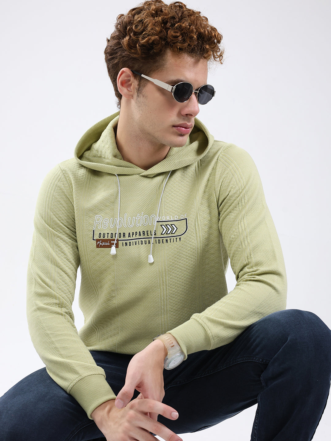 Men Green Printed Hooded Full Sleeve Sweatshirt