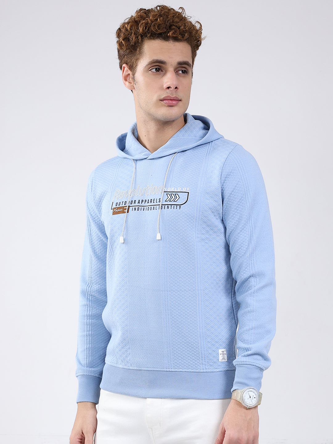 Men Sky Blue Printed Hooded Full Sleeve Sweatshirt