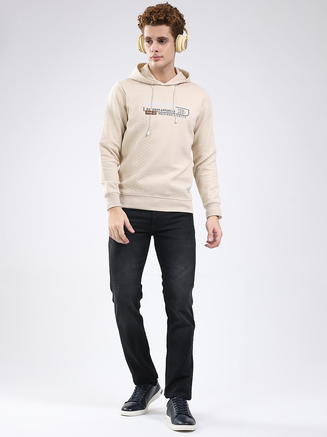 Men Beige Printed Hooded Full Sleeve Sweatshirt