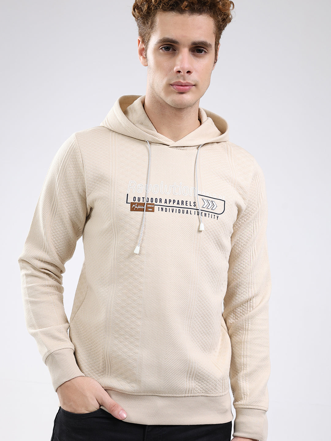 Men Beige Printed Hooded Full Sleeve Sweatshirt