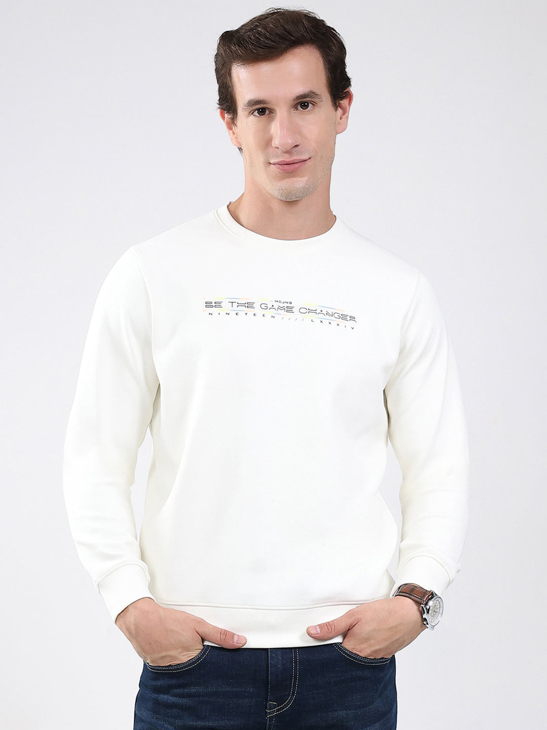 Men White Solid Round Neck Full Sleeve Sweatshirt
